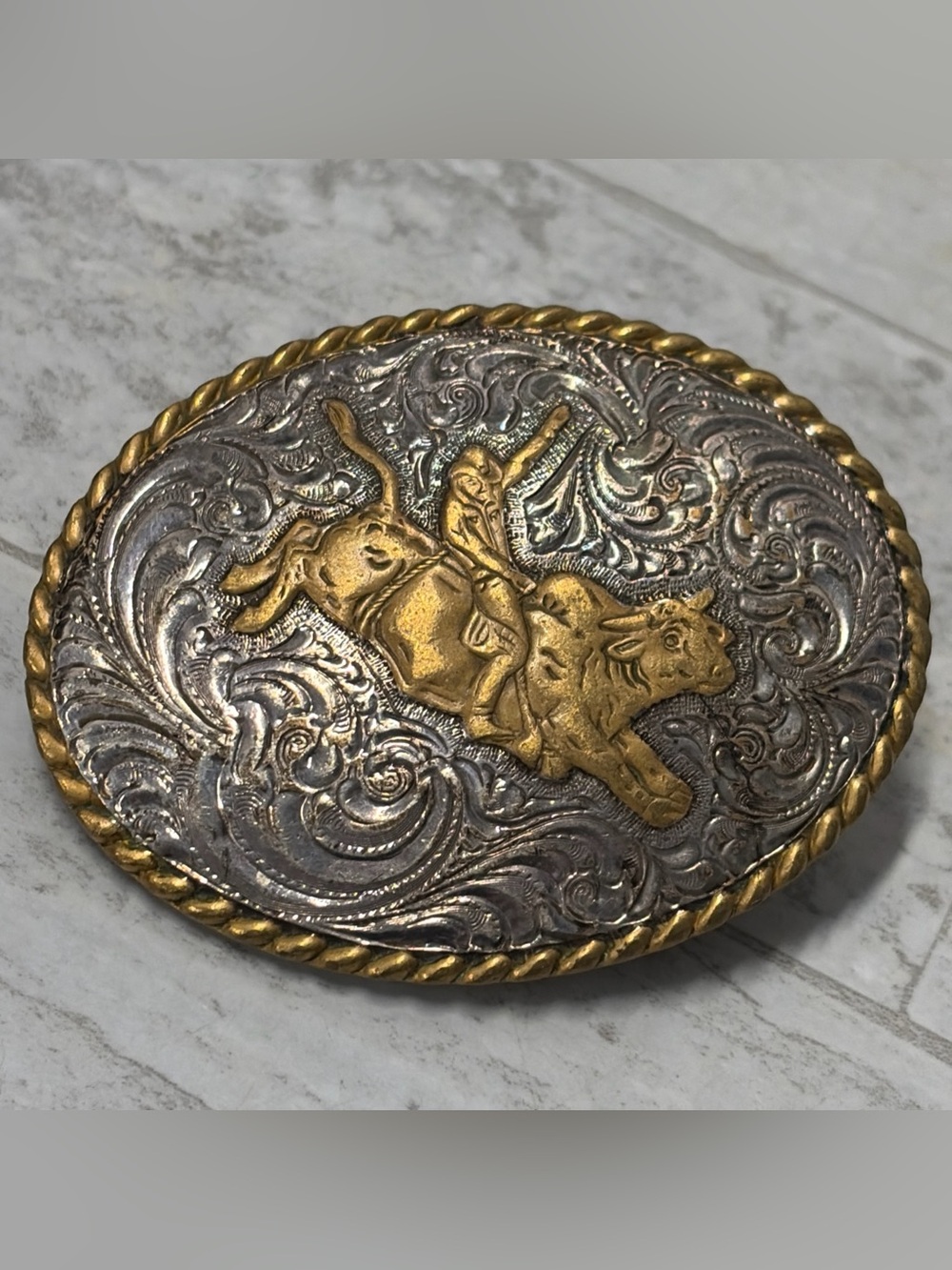 Western Rodeo Bull Rider Two-Tone Belt Buckle - Gold & Silver